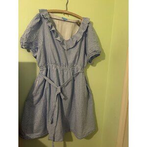 Draper James RSVP 3X Blue Gingham Ruffle V-Neck Belted Fit & Flare Dress Puff Sl
